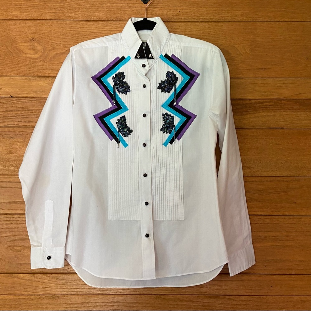 Wrangler White Western Embroidered Button-Up Shirt with Purple & Teal Accents